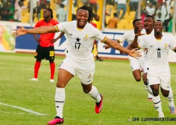 Antoine Semenyo reacts to his last minute goal against Angola